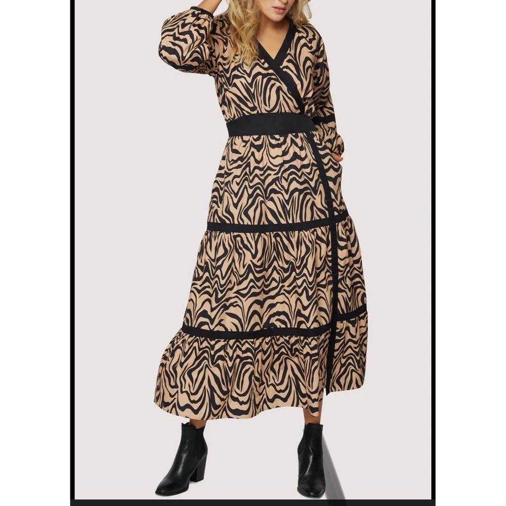 Zebra Print Tiered Maxi Dress Boho VNeck Tie Back Midi/Maxi Brown Black Womens M